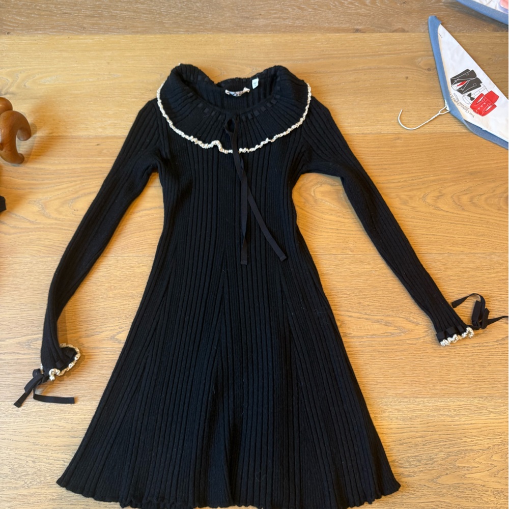 Black Ribbed Knit Dress with White Trim